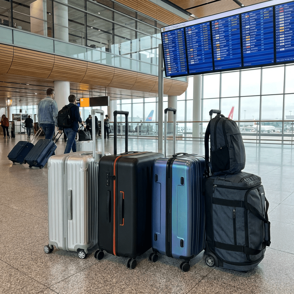 Four suitcases lined up in an airport terminal with flight departure boards in the background.