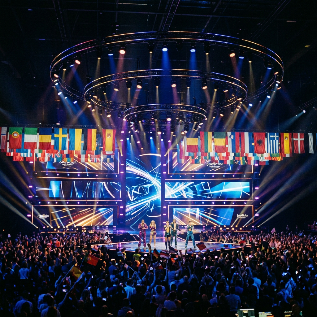 Eurovision Song Contest stage with performers and international flags
