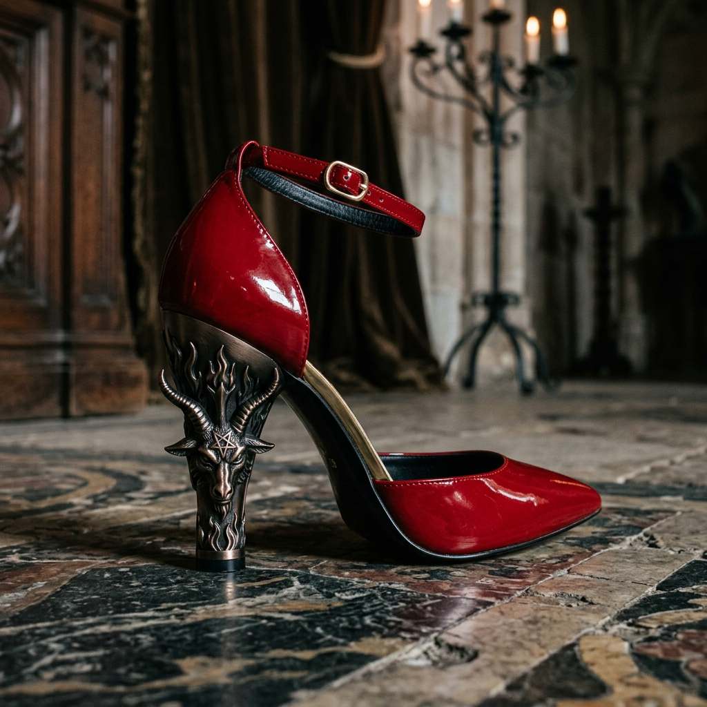 Red high heel shoe with demon head sculpted heel featuring flames and pentagram