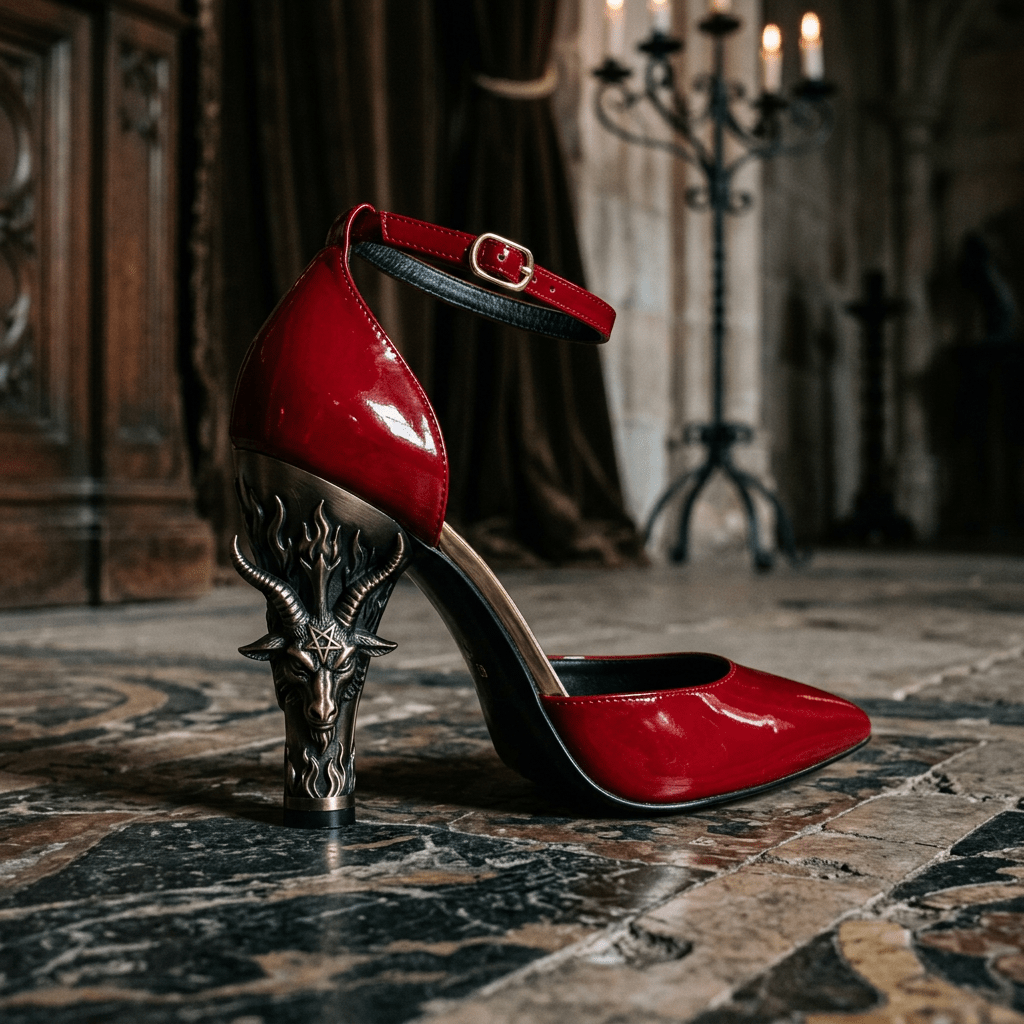 Red high heel shoe with demon head sculpted heel featuring flames and pentagram