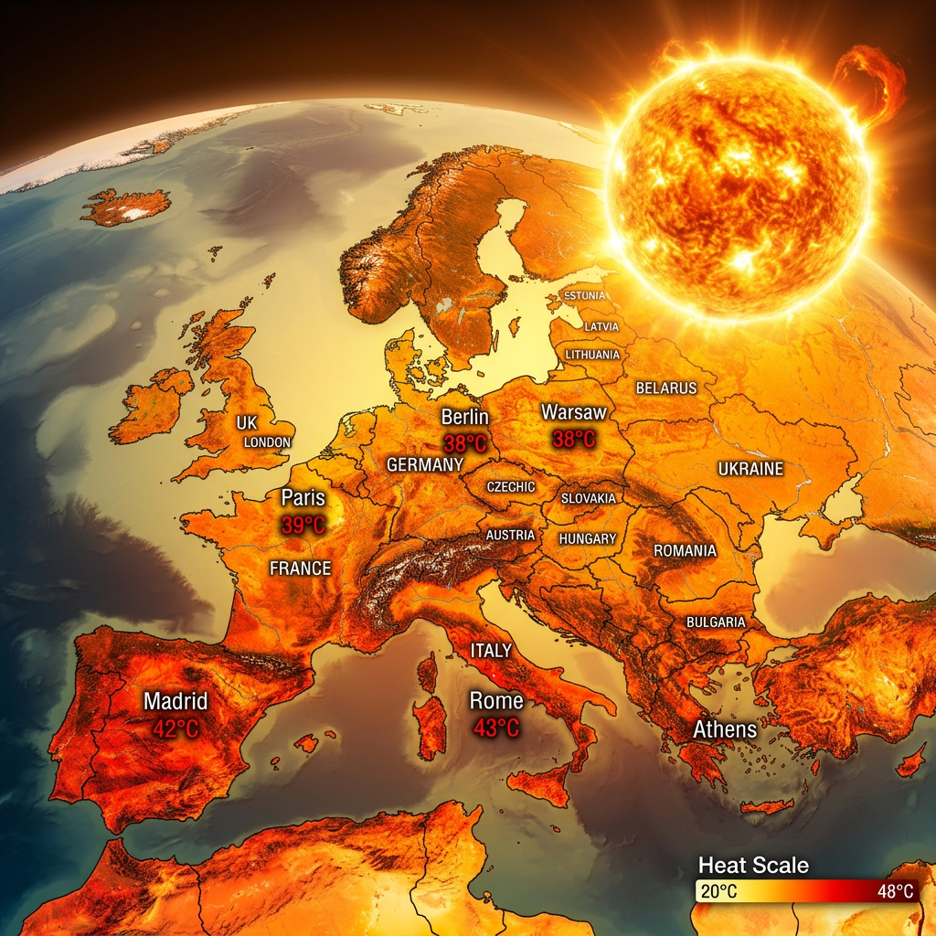Map of Europe showing heatwave temperatures in cities such as Madrid 42°C, Rome 43°C, Paris 39°C, Berlin 38°C, and Warsaw 38°C under a blazing sun.