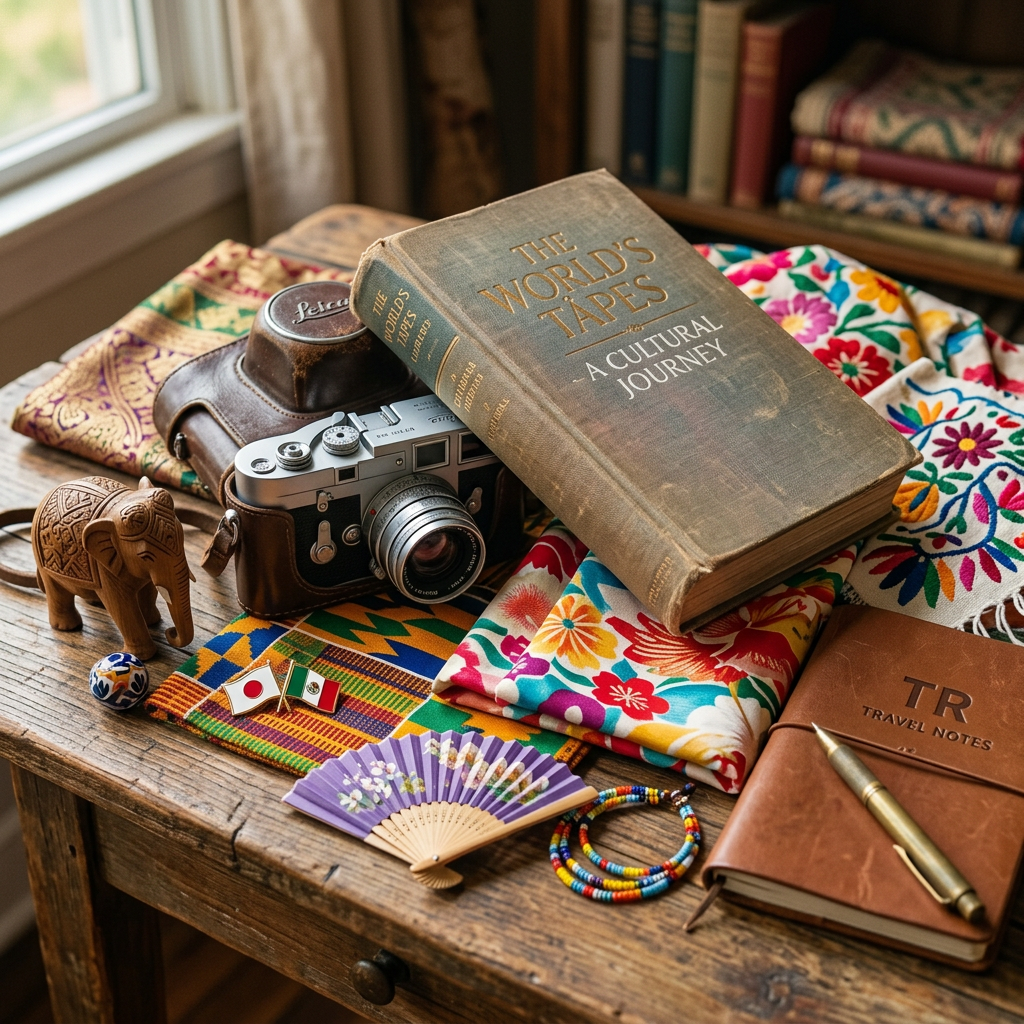 Vintage camera, travel books, colorful textiles, souvenirs, and journal on wooden table