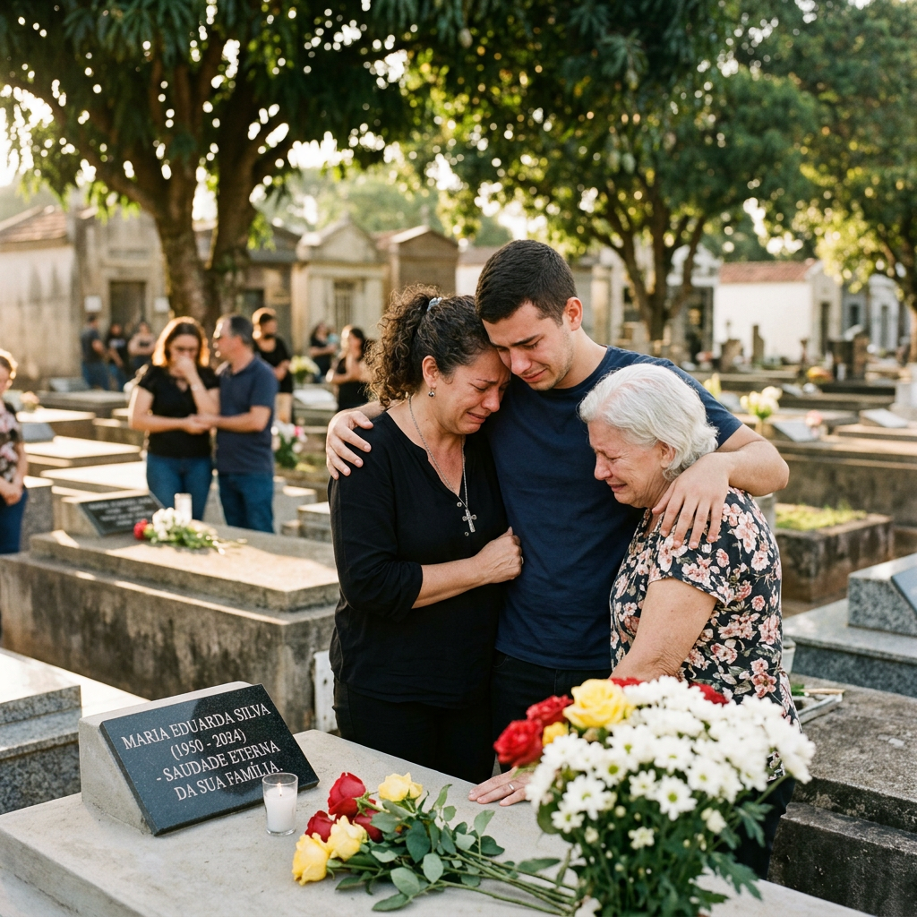 Three grieving family members embrace beside Maria Eduarda Silva’s grave, marked “MARIA EDUARDA SILVA (1950 - 2024) - SAUDADE ETERNA DA SUA FAMÍLIA.”